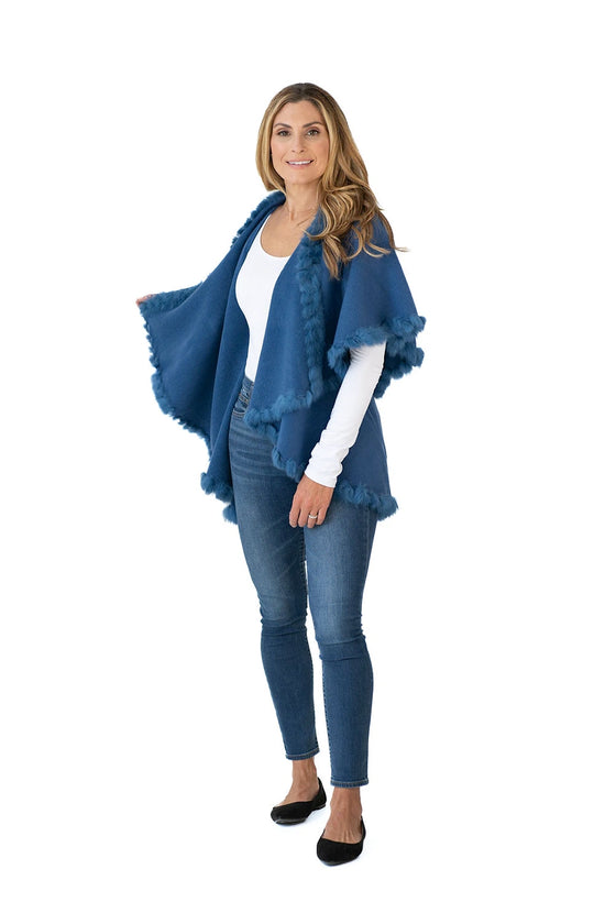 Shawl Sweater Vest in Denim Blue with Fur Trim