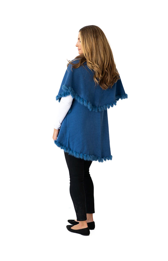 Shawl Sweater Vest in Denim Blue with Fur Trim
