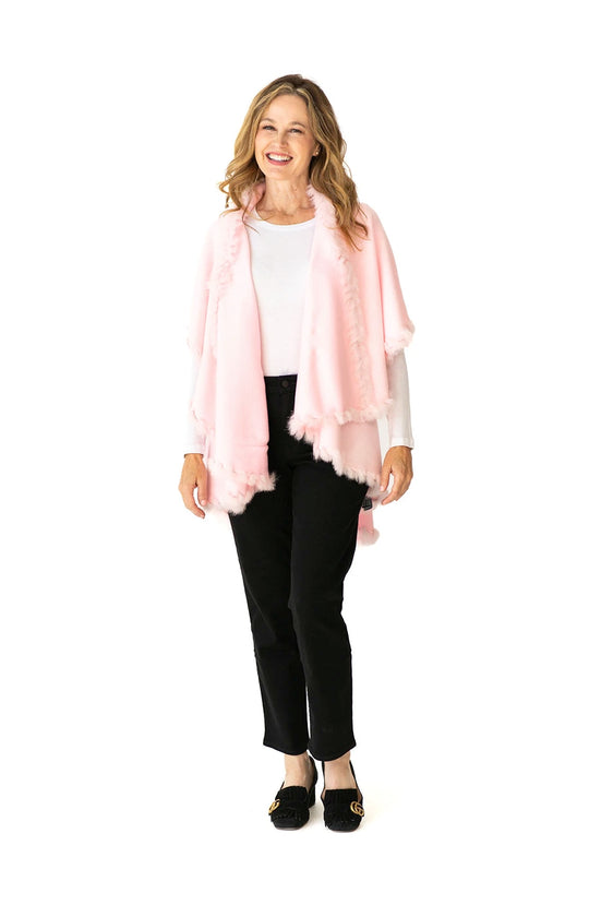 Shawl Sweater Vest in Light Pink with Fur Trim