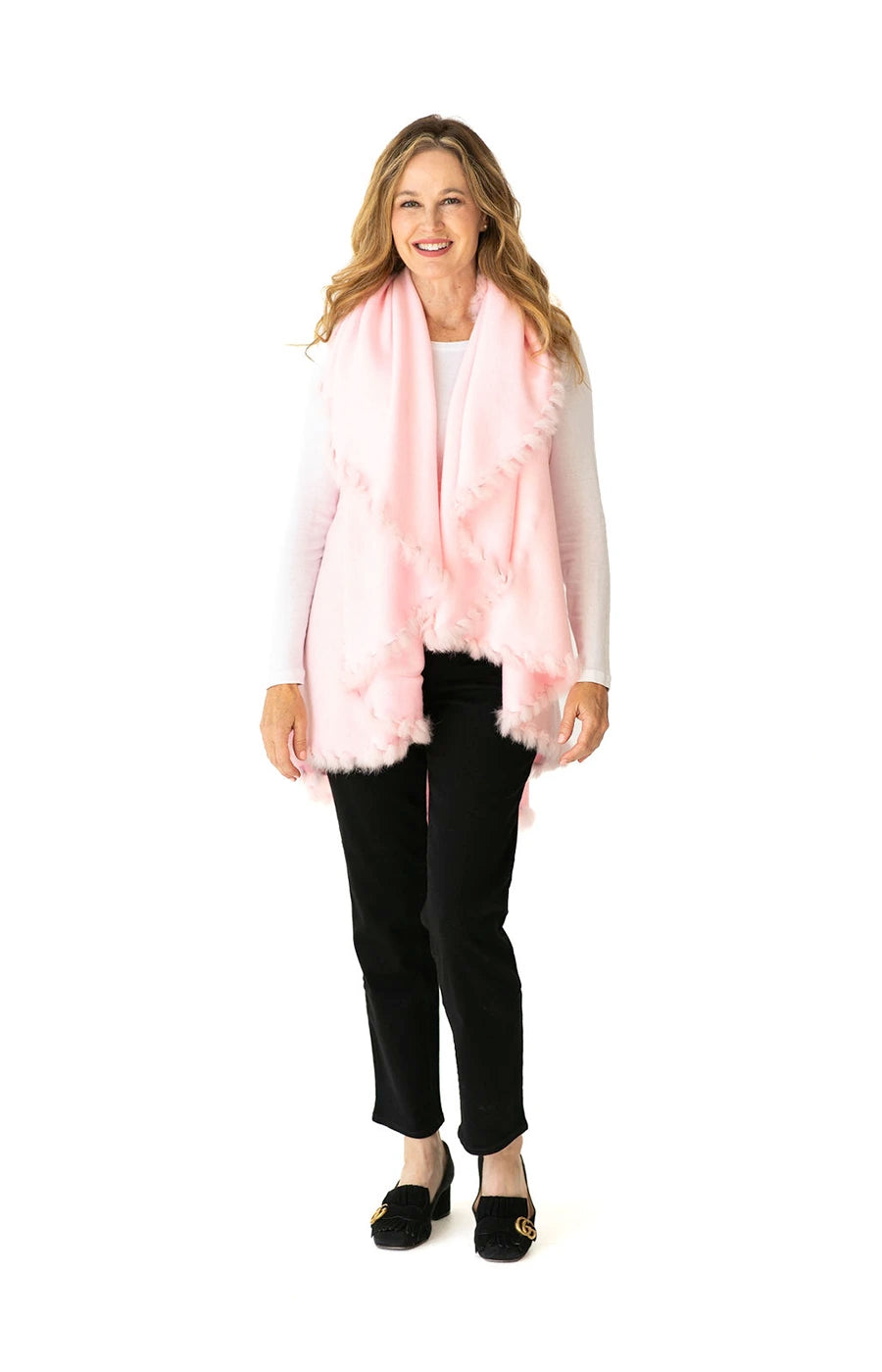 Shawl Sweater Vest in Light Pink with Fur Trim