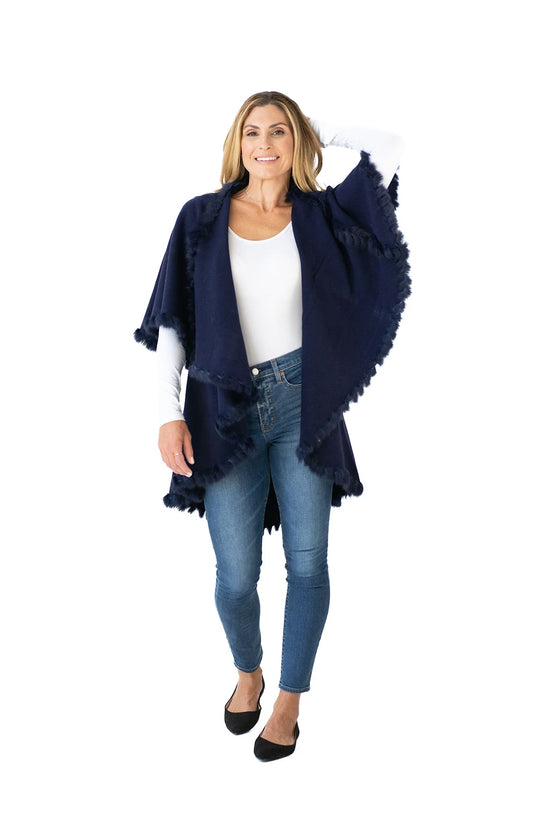 Shawl Sweater Vest in Navy with Fur Trim