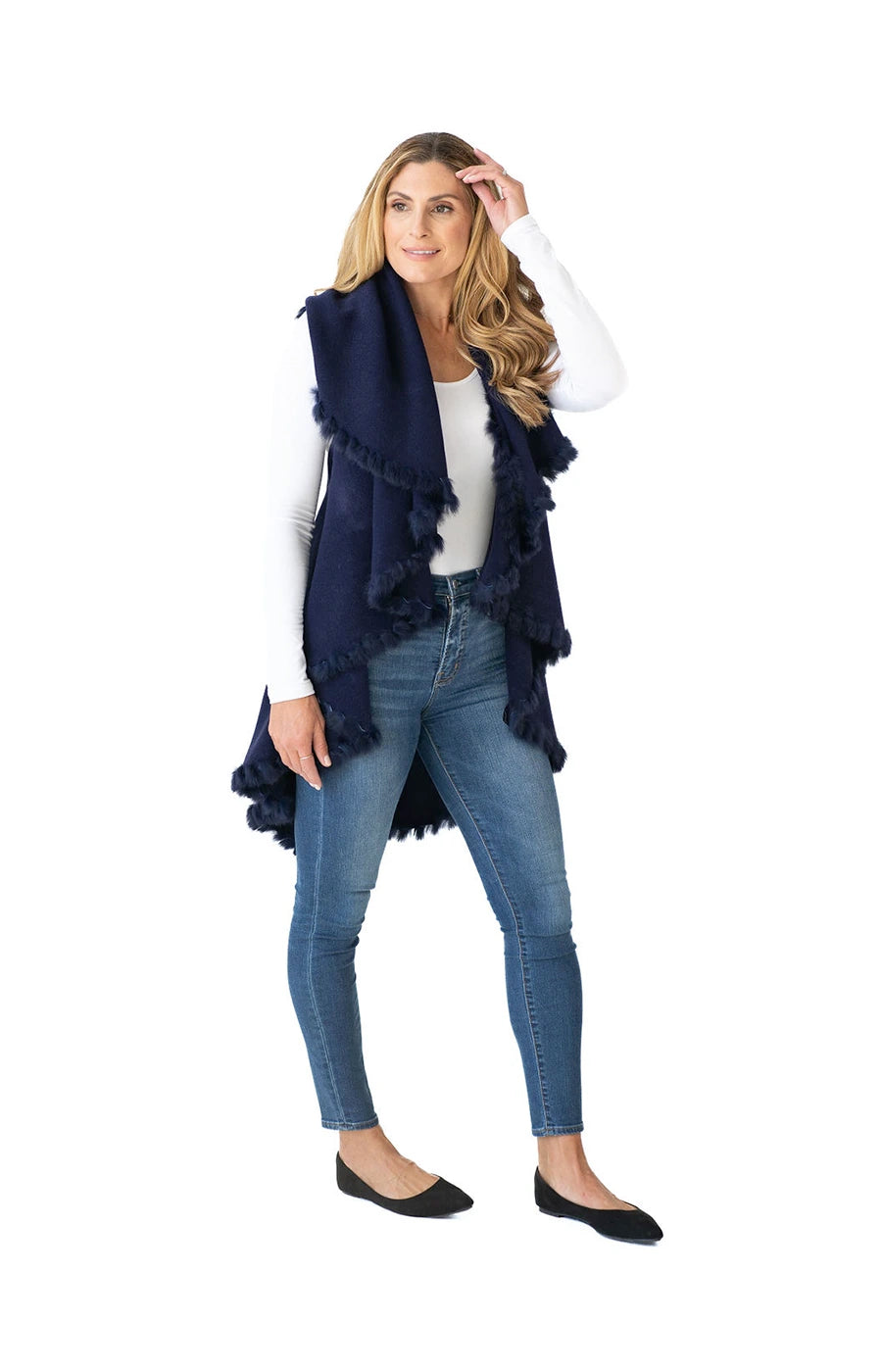 Shawl Sweater Vest in Navy with Fur Trim Heidi Kagan Designs