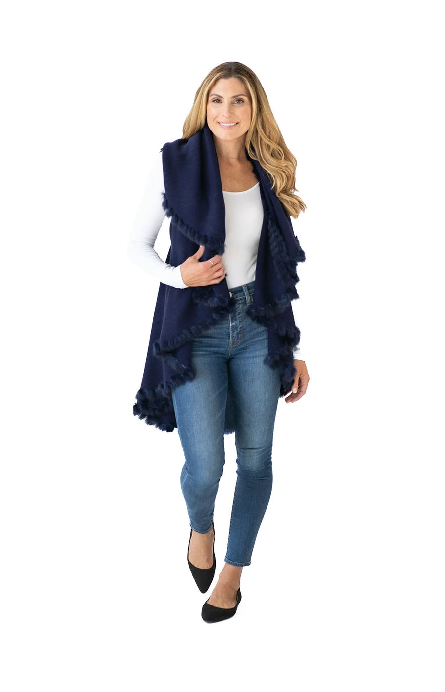 Shawl Sweater Vest in Navy with Fur Trim