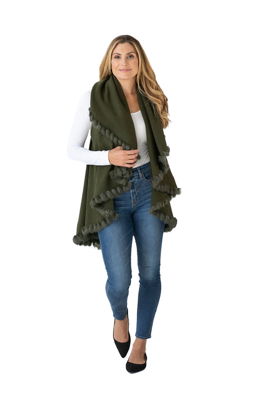 Shawl Sweater Vest in Olive Green with Fur Trim