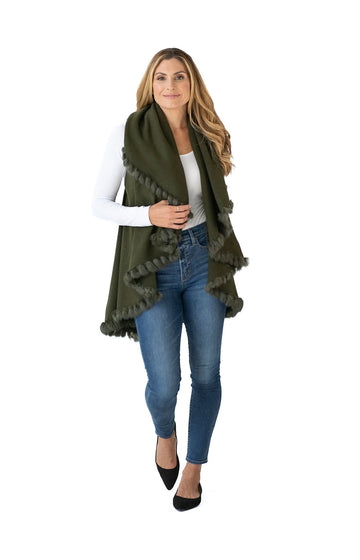 Shawl in Olive Green with Fur Trim