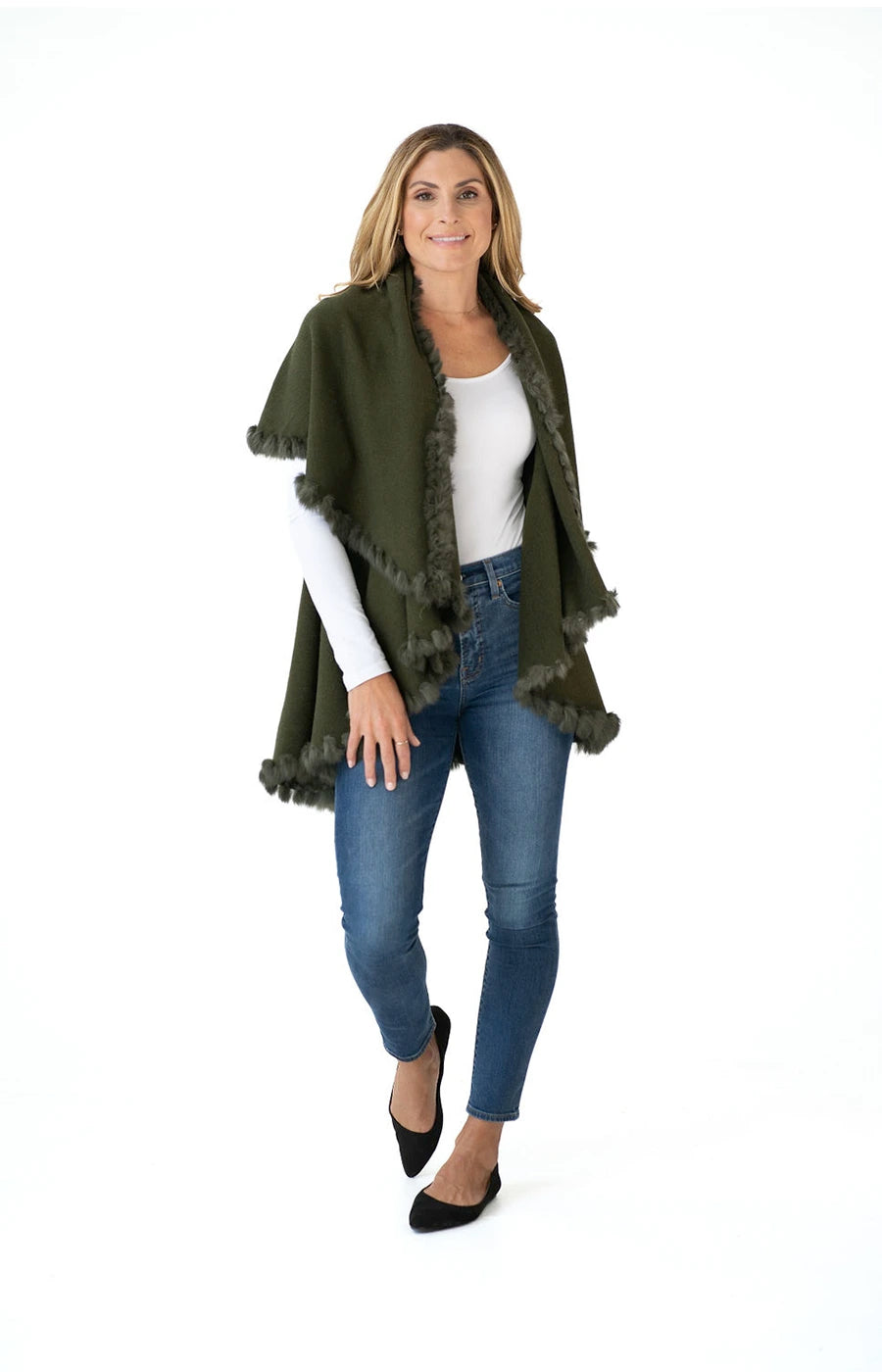 Multi Style Shawl Wrap in Olive Green with Fur Trim