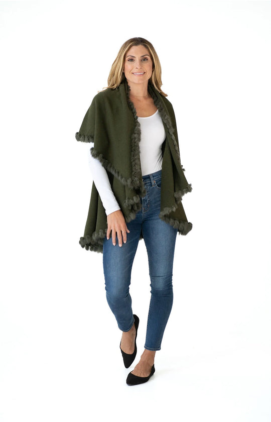 Shawl Sweater Vest in Olive Green with Fur Trim