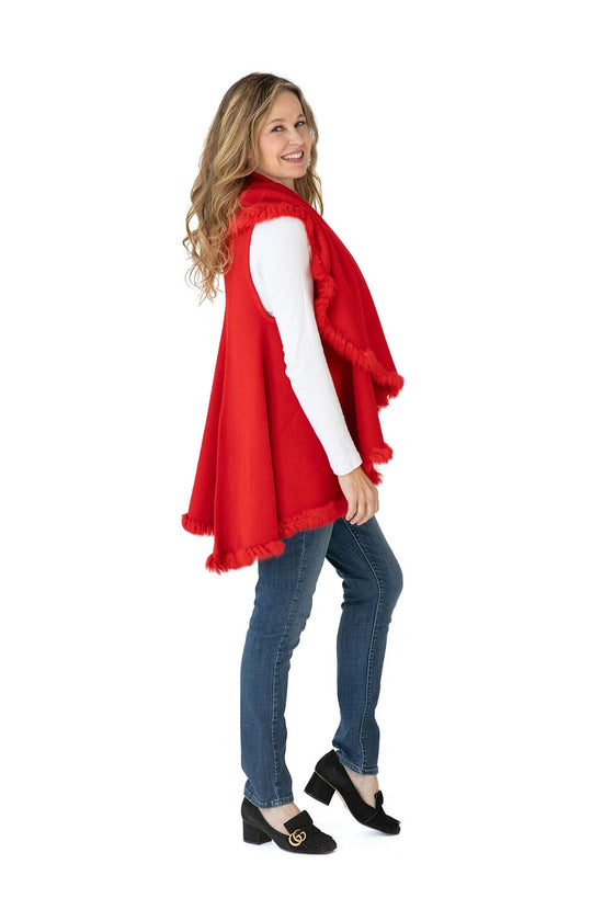 Shawl Sweater Vest in Red with Fur Trim
