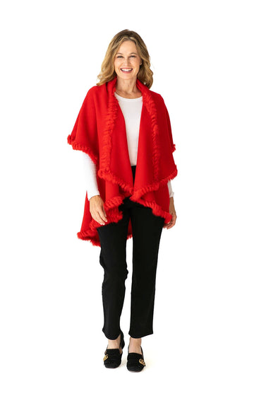 Multi Style Shawl Wrap in Red with Fur Trim
