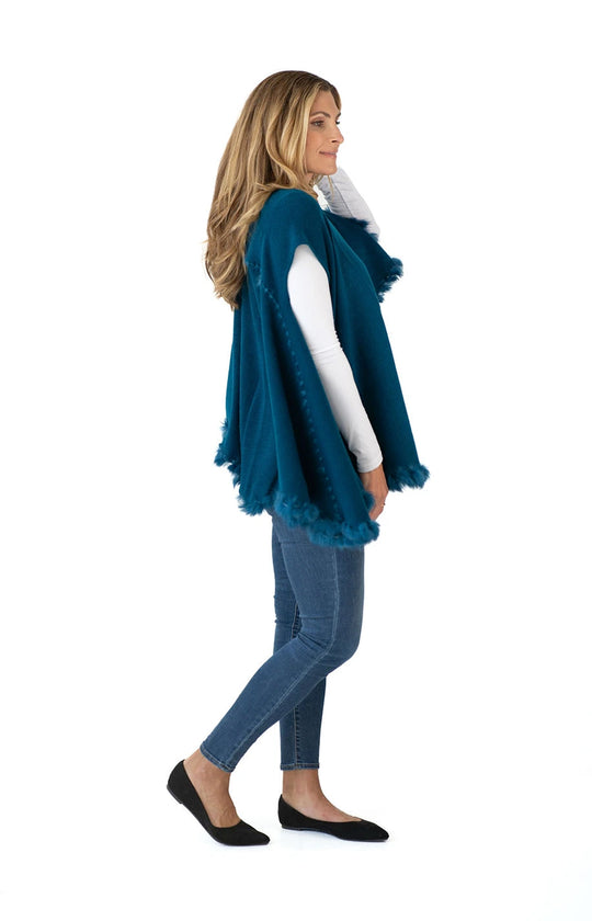 Shawl Sweater Vest in Teal with Fur Trim
