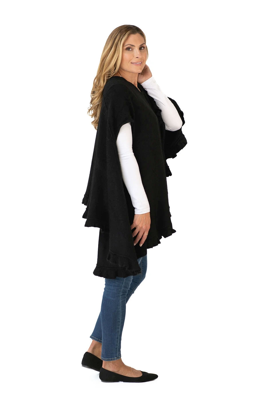 Shawl Sweater Vest in Black with Ruffle Trim