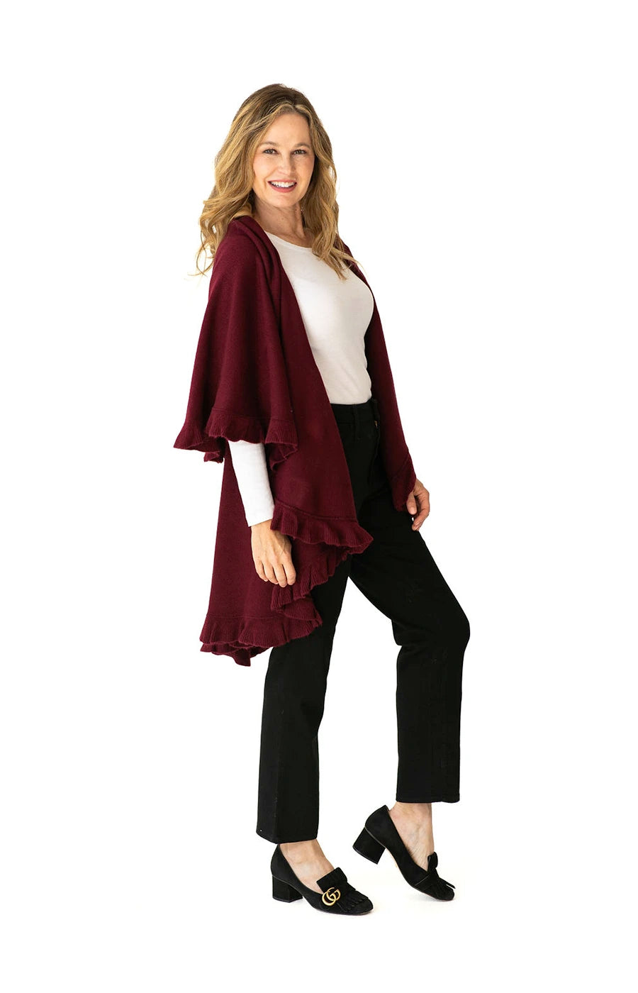 Shawl Sweater Vest in Burgundy with Ruffle Trim