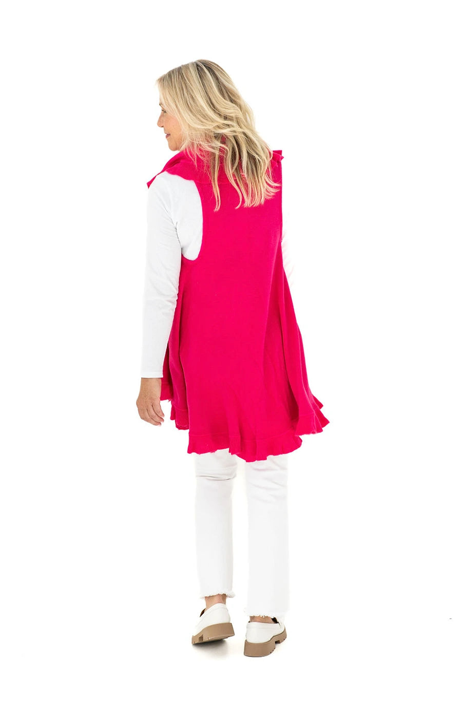 Shawl Sweater Vest in Hot Pink with Ruffle Trim