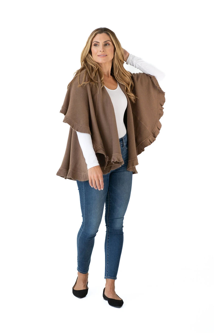 Shawl Sweater Vest in Taupe with Ruffle Trim-Customer Favorite Shawls For Over 10 Years