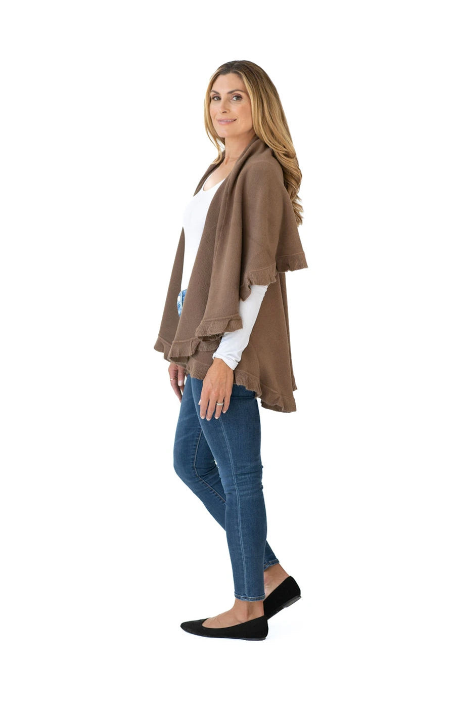Shawl Sweater Vest in Taupe with Ruffle Trim-Customer Favorite Shawls For Over 10 Years