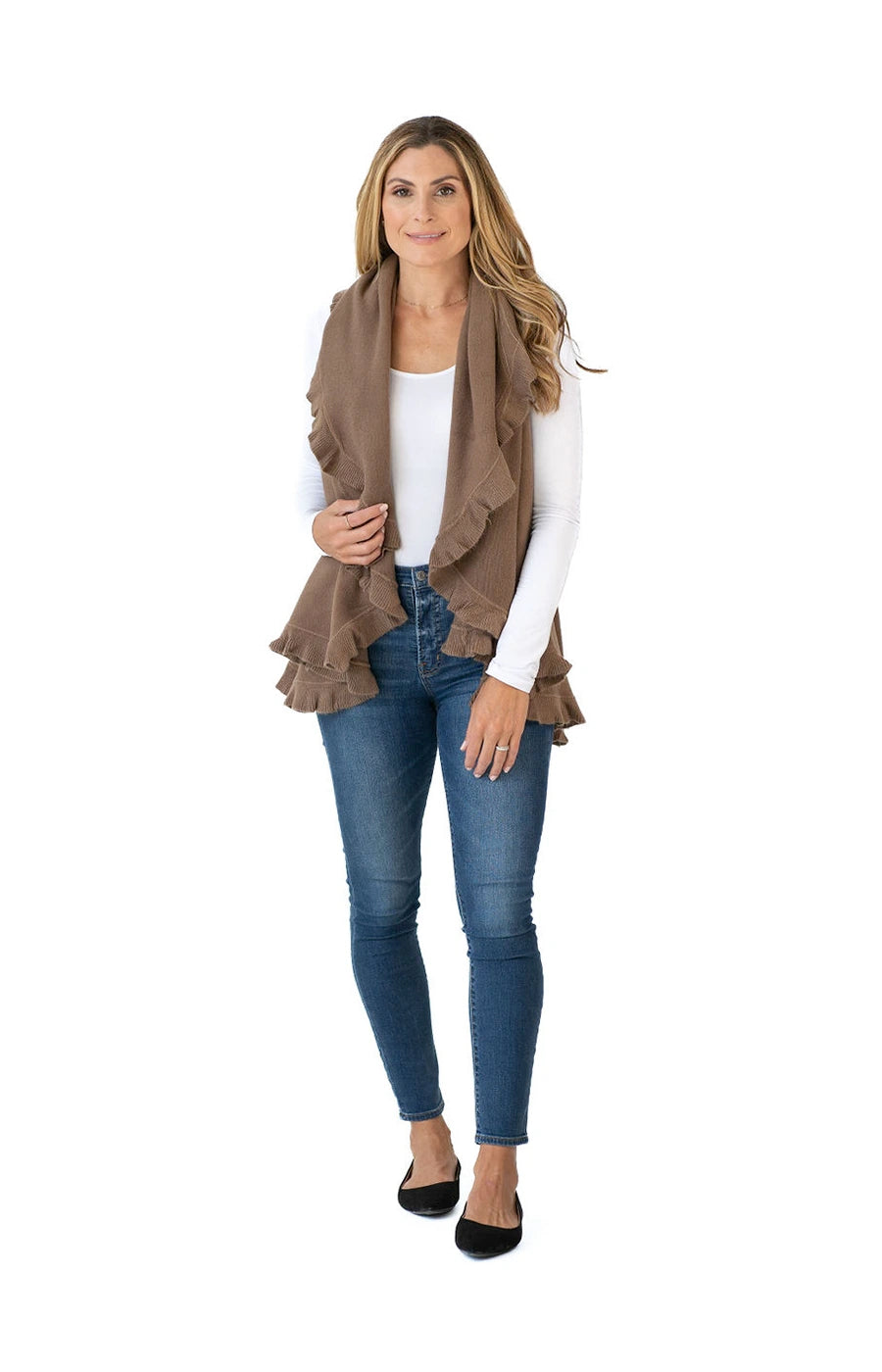Multi Style Shawl Wrap in Taupe with Ruffle Trim