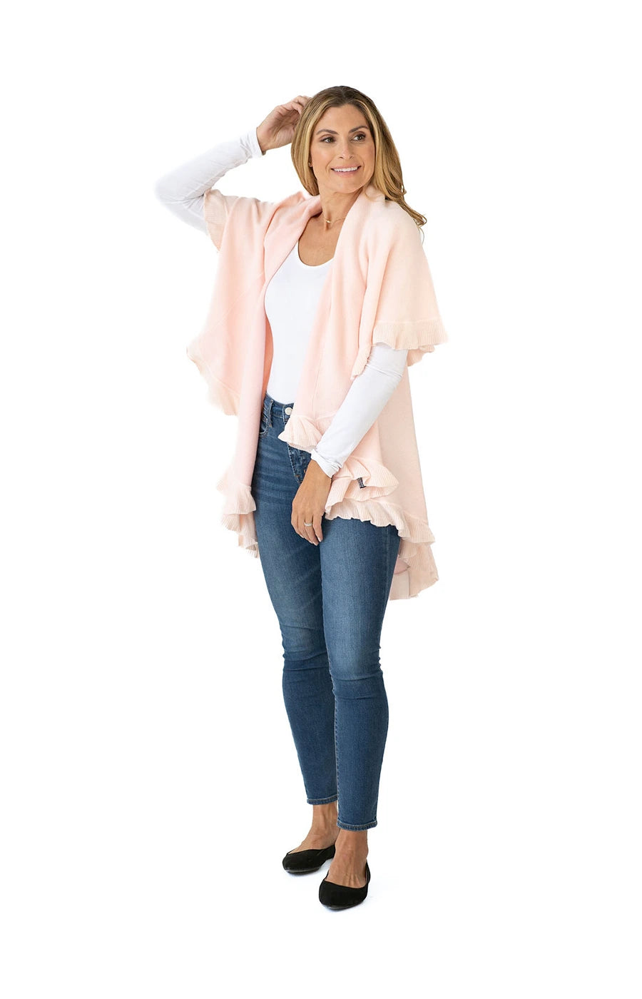 Shawl Sweater Vest in Light Pink with Ruffle Trim