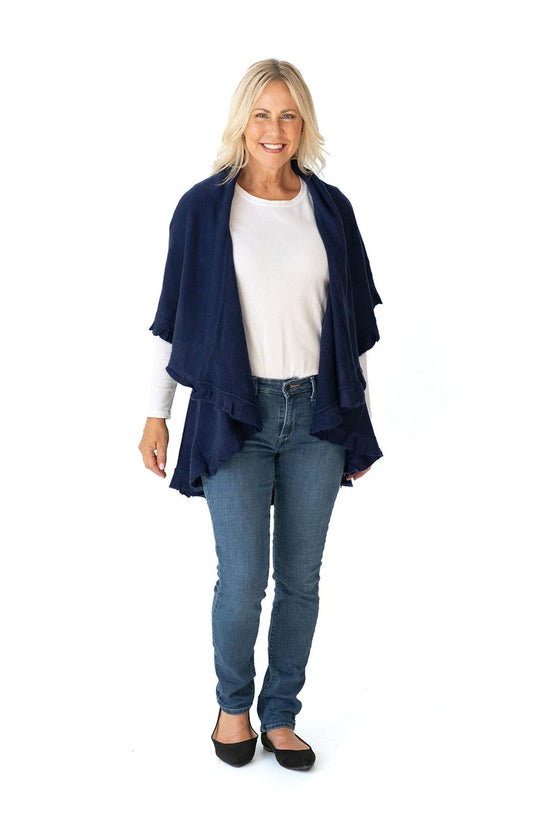 Multi Style Shawl Wrap in Navy with Ruffle Trim