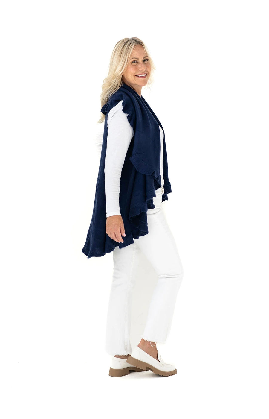 Multi Style Shawl Wrap in Navy with Ruffle Trim