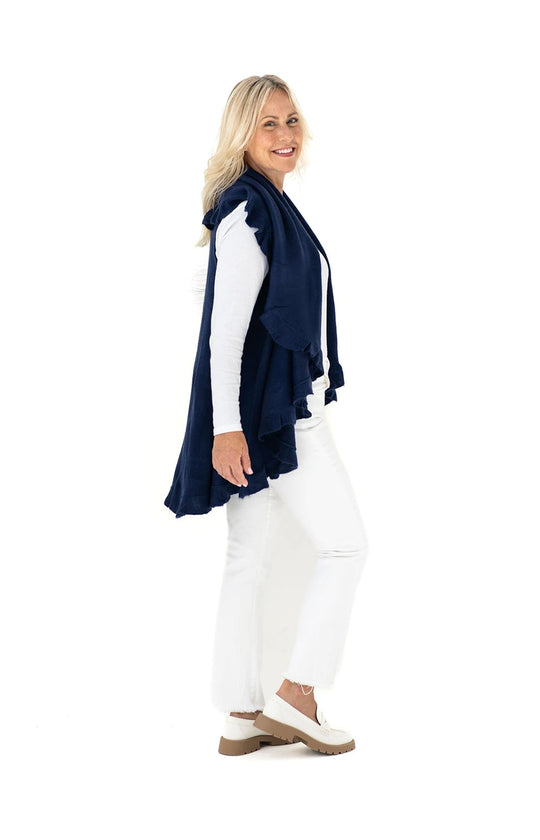 Shawl Sweater Vest in Navy with Ruffle Trim