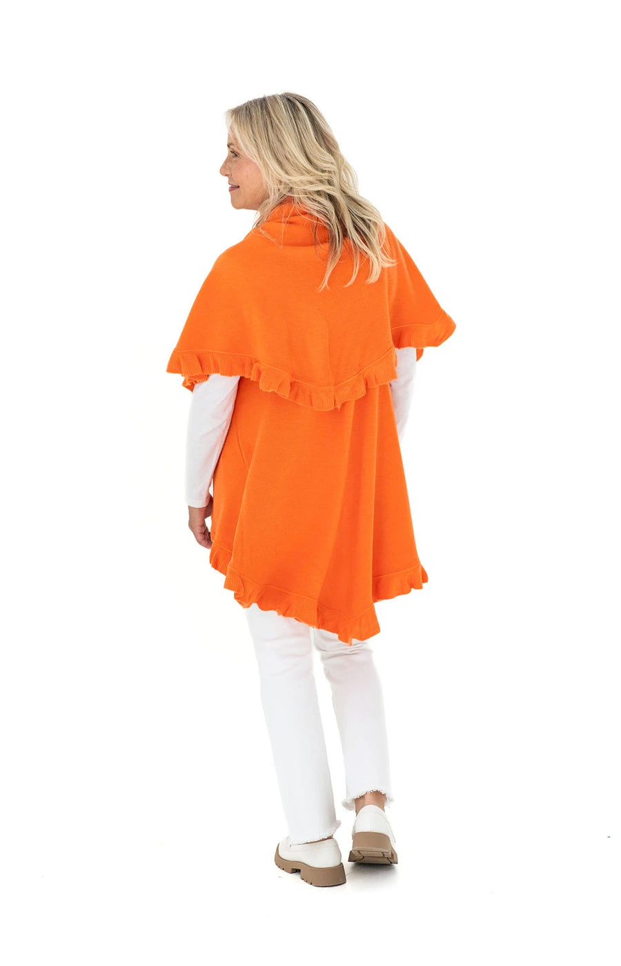 Shawl Sweater Vest in Orange with Ruffle Trim