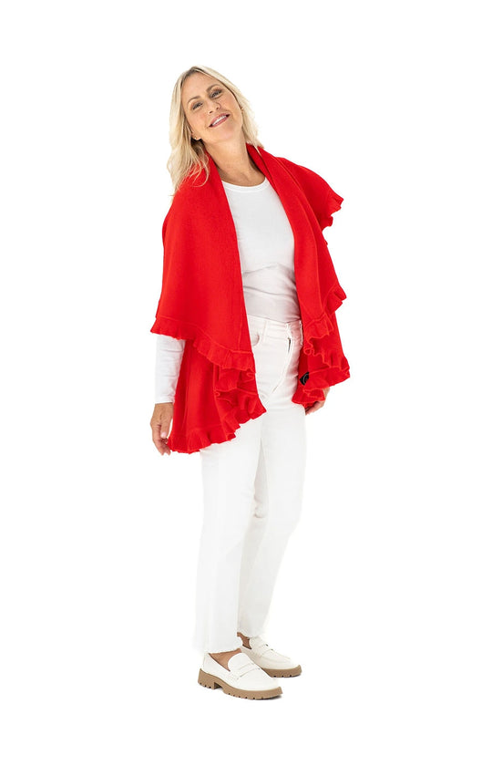 Shawl Sweater Vest in Holiday Red with Ruffle Trim