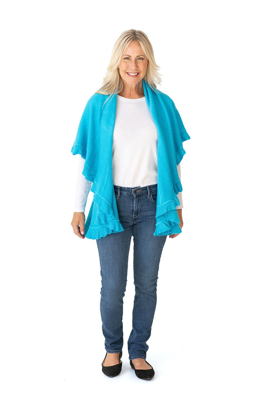 Shawl Sweater Vest in Turquoise with Ruffle Trim